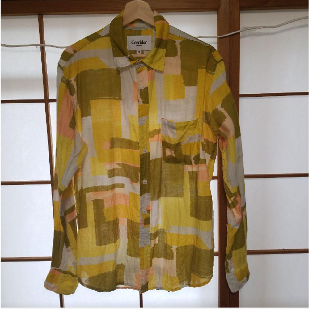 Corridor NYC LS Shirt 100% Linen Yellow and Brown Checked Patterned Made in USA